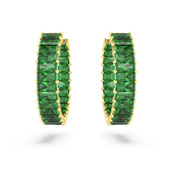 Matrix hoop earrings, Baguette cut, Green, Gold-tone plated - Swarovski, 5658651